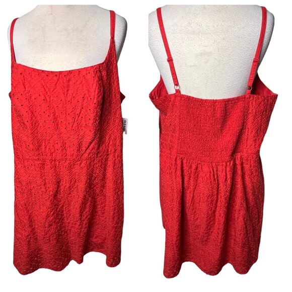 Old Navy Coral Orange Eyelet Mini Dress 3X Pockets Adj Straps Lined Embroidered - Picture 1 of 16